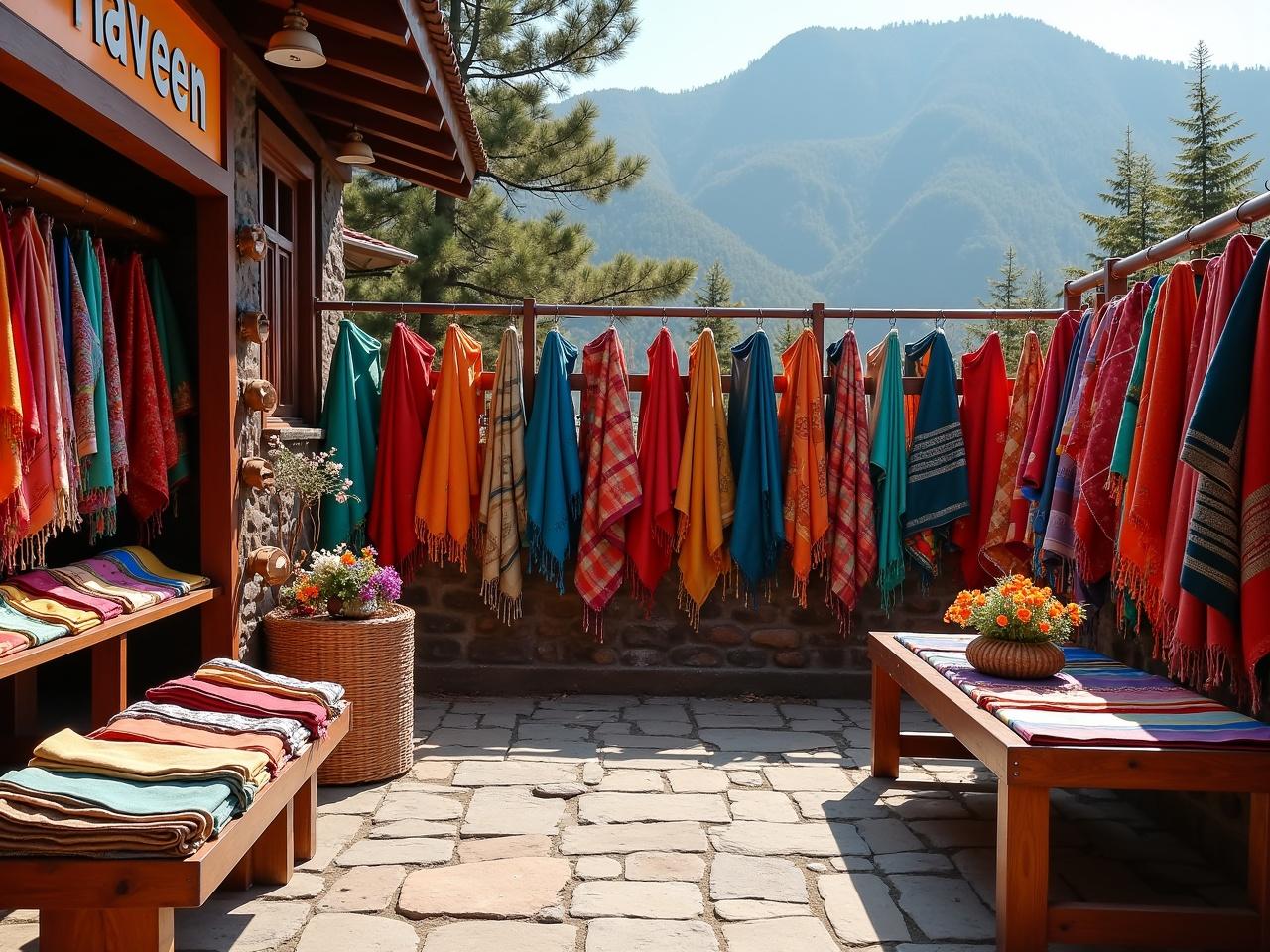 Exterior scene showcasing sarees and shawls. Bright signage reads 'Naveen Collection'. Variety of Kashmiri fabrics on display. Wooden benches and tables feature silk fabrics and colorful tableware. Daylight enhances the beautiful Himalayan landscape.