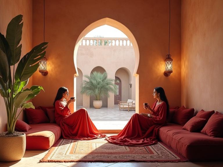 Inside a tranquil Moroccan interior two graceful women lounge in flowing traditional garments. They wear crimson and rust shades blending with red cushions and woven carpets. The room glows warm beige from plastered walls and sunlit stone floors. Delicate lantern light casts intricate patterns. One woman sips tea while the other gazes through an arched doorway toward a courtyard garden. Atmosphere is serene elegant and steeped in beauty. Emphasise rich textures cultural authenticity and harmony in the space.