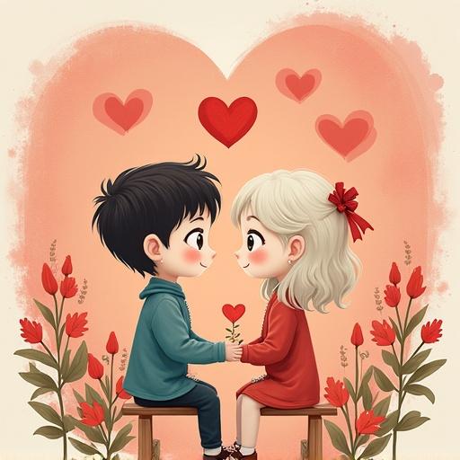 A romantic illustration featuring a cute boy and girl sitting and holding hands. Background has hearts and flowers. Soft colors create a warm atmosphere.