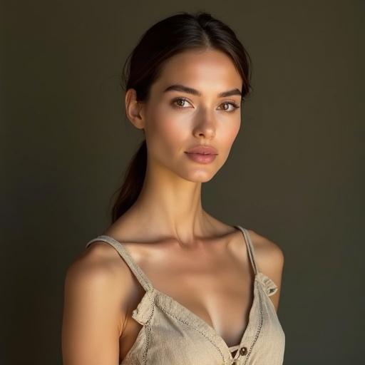 Portrait of a stunningly beautiful European village woman. Woman has refined facial features with smooth skin. She has warm almond-shaped eyes and neat brown hair. She is wearing a simple linen dress in earthy tones. Woman has an ample bust and slim waist. The background is clean and the lighting is soft.