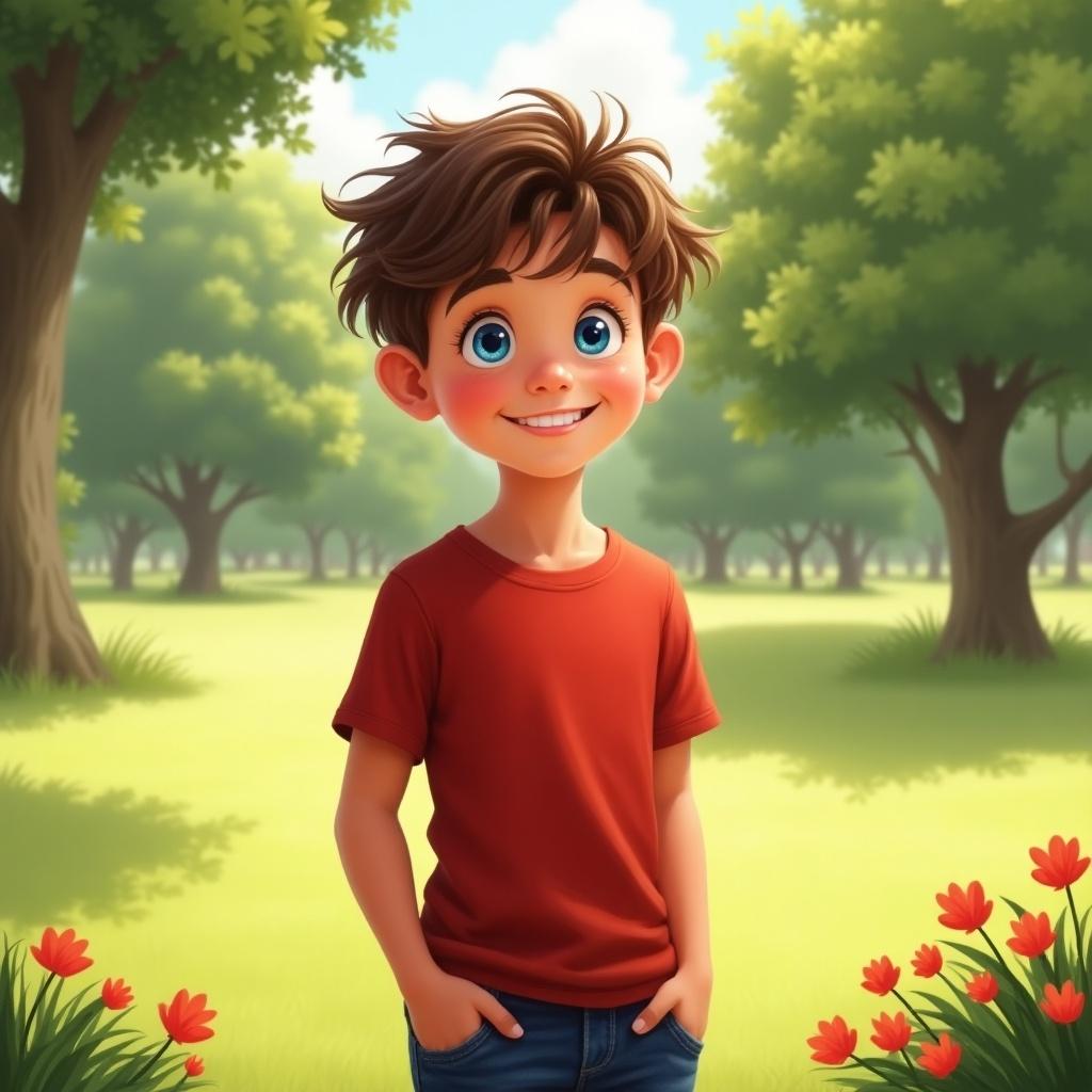 The image features a cheerful young boy with tousled brown hair, standing in a vibrant green park. He is wearing a casual red t-shirt and denim jeans, and there is a bright smile on his face. Surrounding him are lush trees and blooming flowers, creating a lively and inviting atmosphere. The scene captures the essence of a sunny day, illustrating playfulness and joy. This cartoon-style artwork evokes a sense of childhood happiness and adventure.