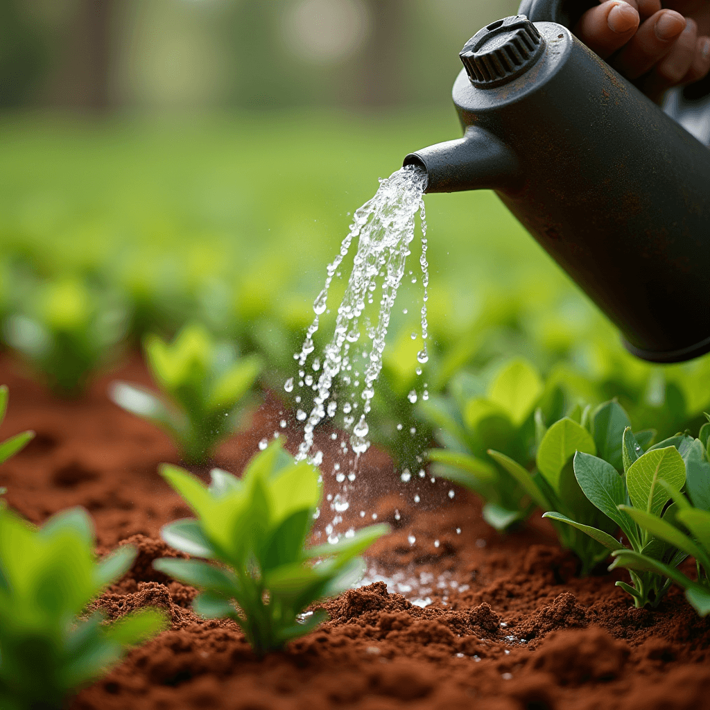 A hand-held watering can pouring water on young green plants in a garden.