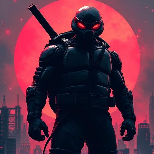 Silhouette of a cyberpunk character inspired by a Ninja Turtle. Character exudes strength and mystery. Dark colors dominate the scene with a striking red backdrop. Character wears futuristic armor and exudes an aura of intrigue.