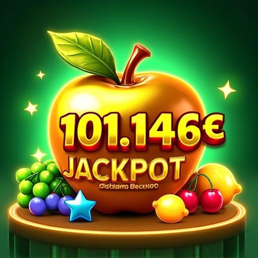 Digital art featuring a colorful and vibrant casino concept. The illustration displays a shiny gold apple symbolizing a jackpot with the amount of 101.146€. Surrounding are fruit icons like green grapes, red cherries, and a blue star. The background is a gradient green with bright neon lights. The text includes 'Volcano Bet', '101.146€', 'JACKPOT', and some phrases in Spanish, presented in bold fonts with a glossy texture. The design is intended to be playful and inviting, embodying themes of luck and fortune associated with casino games.