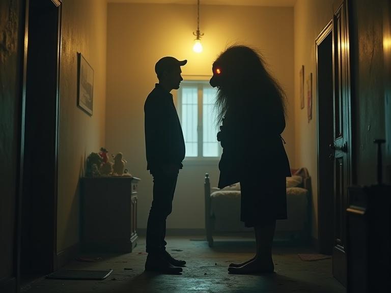 A detective stands in a narrow old room filled with scattered toys. He has calm features with a thin face and gray hair. The atmosphere is eerie and nostalgic, illuminated by a dim hanging lamp. In front of him is a tall shadowy figure with large glowing eyes resembling a dwarf. The background is blurred, emphasizing the tense moment.