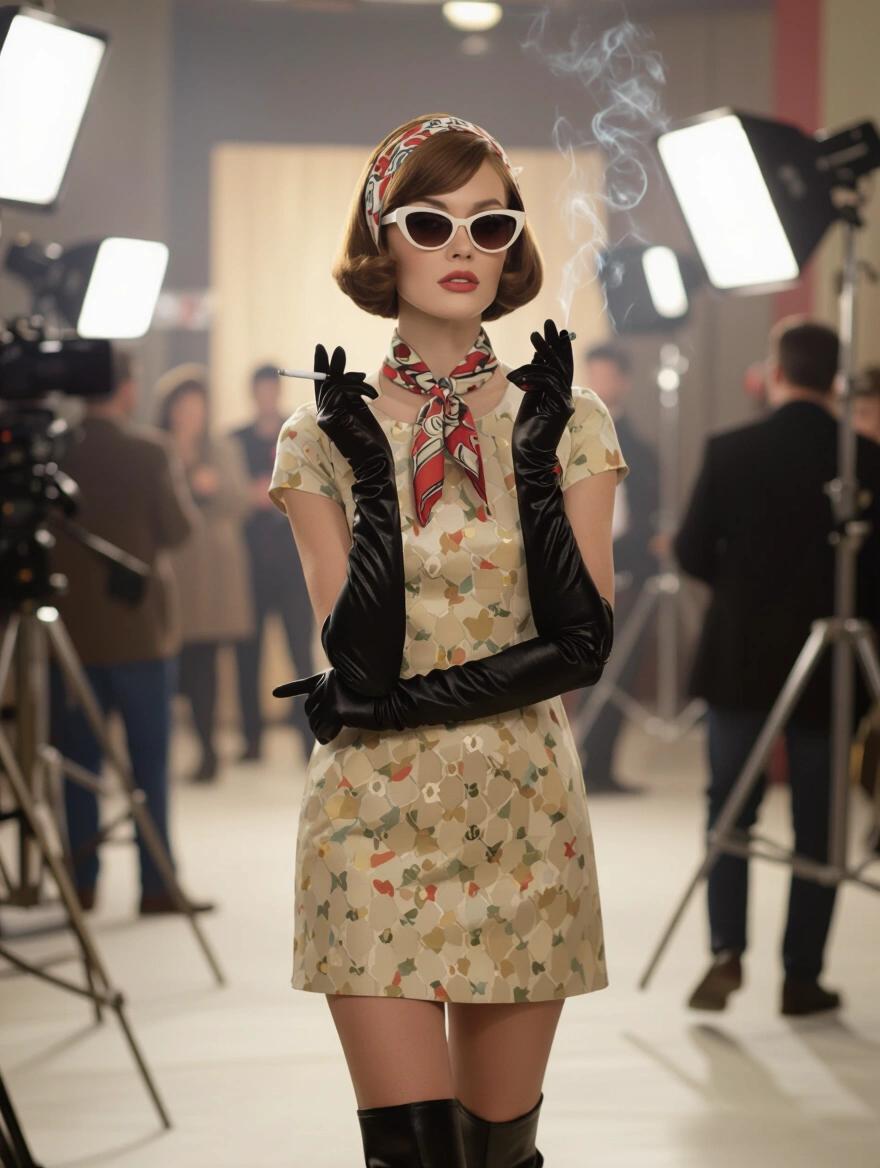 Portrait of a 1960s woman in a vintage short hairstyle and cat-eye sunglasses. She holds a cigarette and wears a mod mini-dress with elbow-length gloves and knee-high boots. The background shows a busy film set with bright lights and cameras. The style resembles David Bailey's fashion photography, capturing 1960s chic and sophistication.