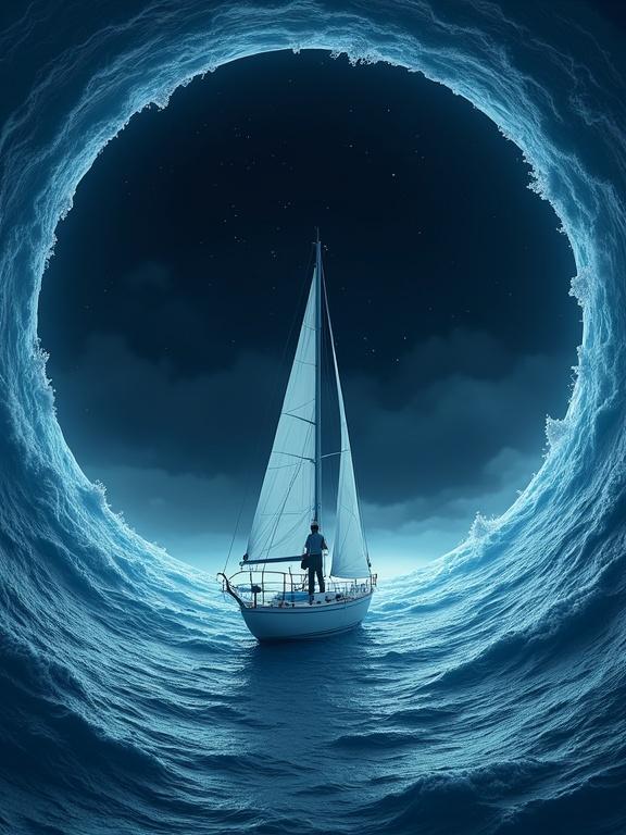 Digital artwork depicting a surreal scene. Sailboat in circular ocean with a man standing on deck. Ocean curves to form a perfect circle creating a tunnel effect. Water deep blue with white wave accents. Flowers and trees from Yemen in the circular shape. Dark sky with few visible stars inside the circle. Sailboat white with a tall mast. Man looking up into the sky. Dreamy style emphasizes ocean contrast with starry sky. Color palette dominated by blue and white. Soft diffused lighting enhances scene aesthetics.