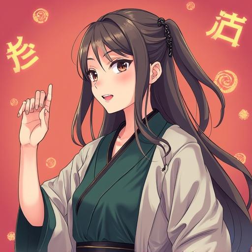 Anime character with long hair wearing traditional clothing poses gracefully. Colorful background with abstract swirls. Emphasis on detailed expression and attire.