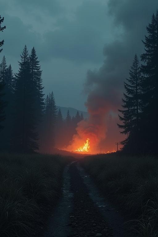 A battlefield scene in a forest with few fires in the background. Dark and moody sky. No people present. The atmosphere feels tense and desolate.