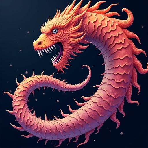 A stylized illustration of a dragon with a long coiled body and a fierce expression. The dragon is depicted in shades of red, orange, and pink, set against a solid black background. The design emphasizes the dragon's scales and features, giving it a whimsical yet powerful appearance.