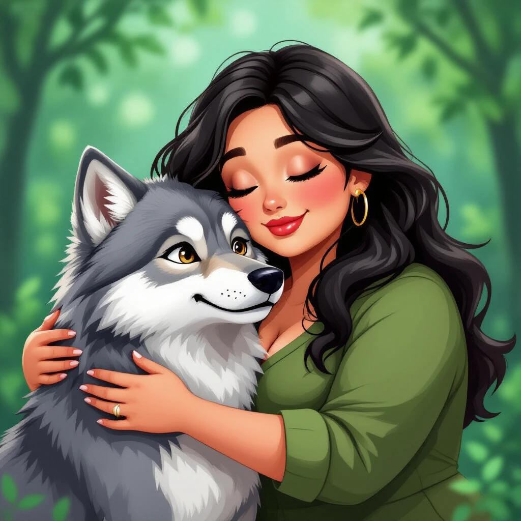 Cartoon of a fat woman with black hair hugging a wolf. Scene set in a lush green background. Art style is friendly and colorful.