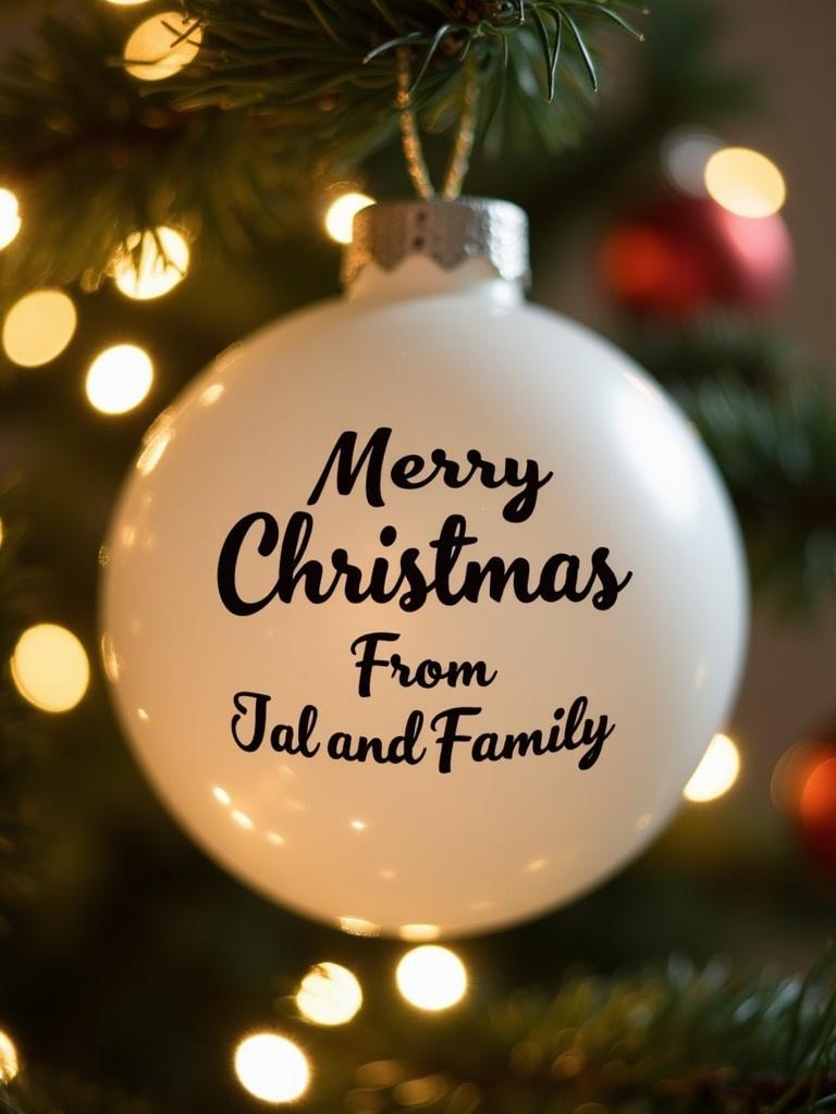 Close-up image of a white Christmas bauble. Text states Merry Christmas From Jal and Family. Twinkling lights in the background create festive atmosphere.