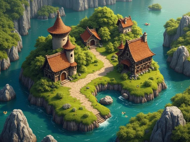 Fantasy terrain map depicting a fairy village with whimsical architecture surrounded by mountains and a river