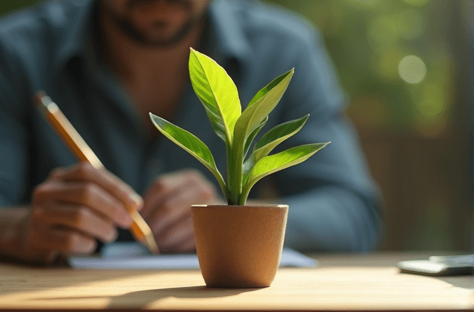 A small potted plant on a sunlit wooden table with a person writing in the background.