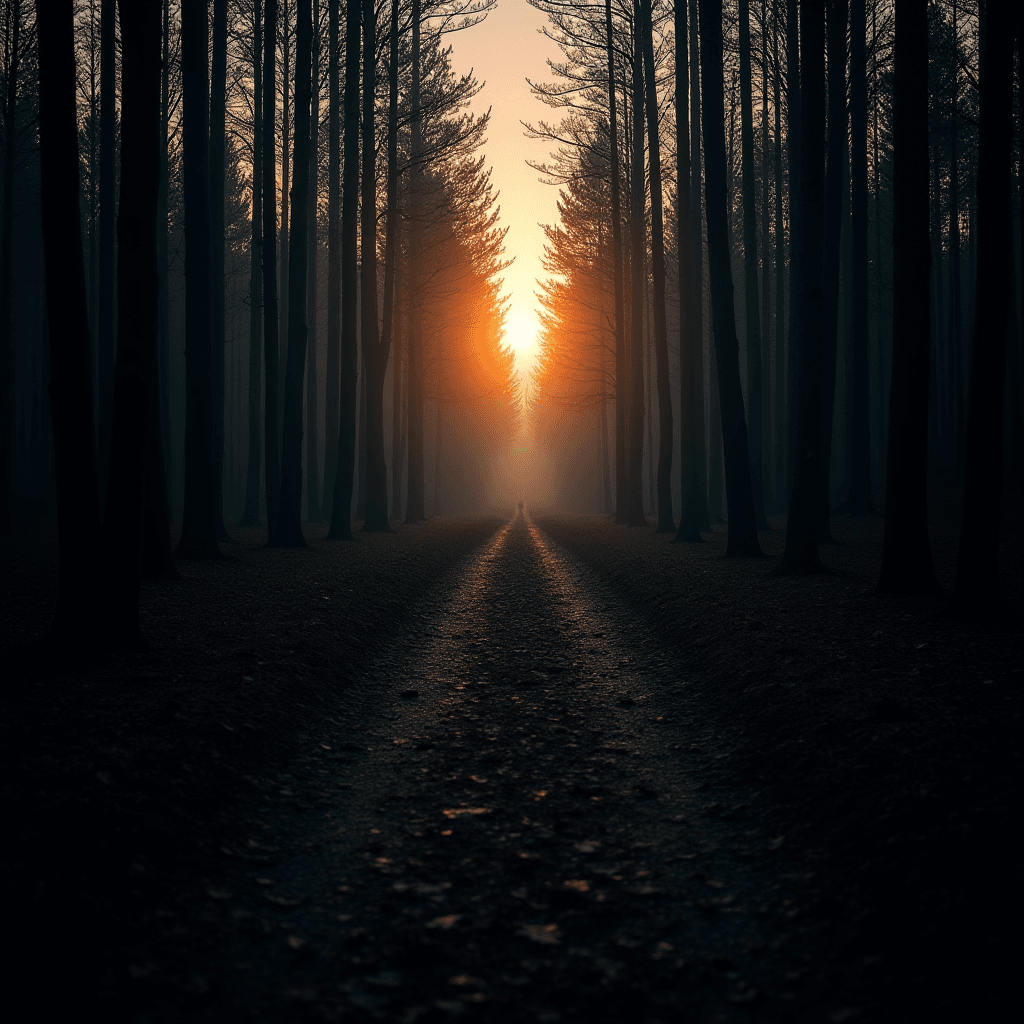 A narrow path leads through a dense forest, with silhouetted trees framing a vibrant sunrise on the horizon.