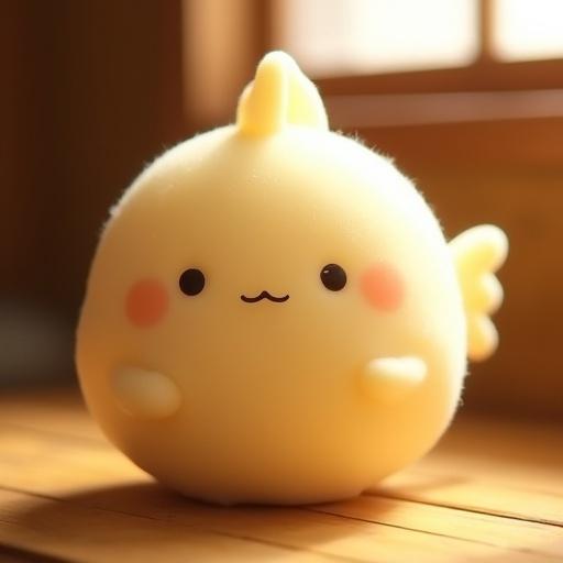 Cream-colored round fish-like character resembles mochi with small dot noses. The shape is soft and rounded. Set against a background with warm lighting reminiscent of a Japanese interior.
