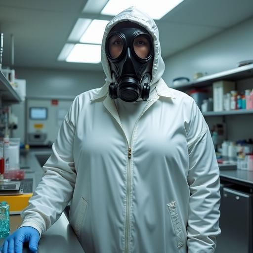 Photo showing a female plus size laboratory employee wearing open white latex hazmat jacket over a colored latex turtleneck. The woman is in a biosafety level 4 laboratory. Stainless steel shelving and cabinets are in the background. Bright ceiling LED lights illuminate the scene. She cautiously handles Petri dishes and test tubes at a stainless steel work desk. Reflection of light is visible on the latex surface.