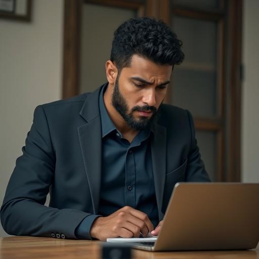 Cinematic photorealistic image of a puzzled disappointed Egyptian man in his 20s in a formal outfit. Man applying for an online job ZOOM meeting at home. He looks frustrated due to weak internet signal. Soft light indoor background. An internet router with a weak signal is beside him.