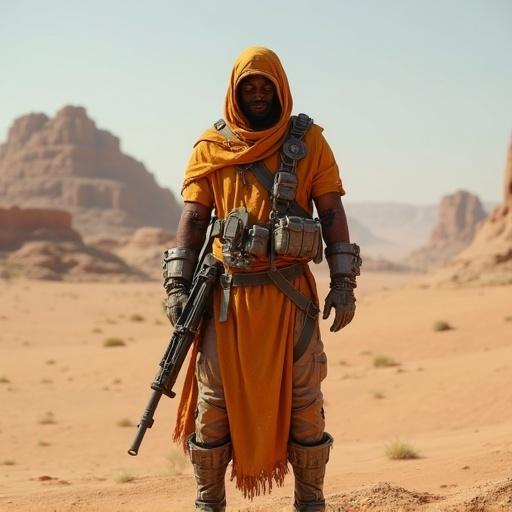 Post-apocalyptic man standing in T-pose wearing detailed equipment in desert. Full body view.