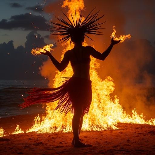 Ultradetailed and realistic image of Kecak dance in Uluwatu at sunset with ritual fire.