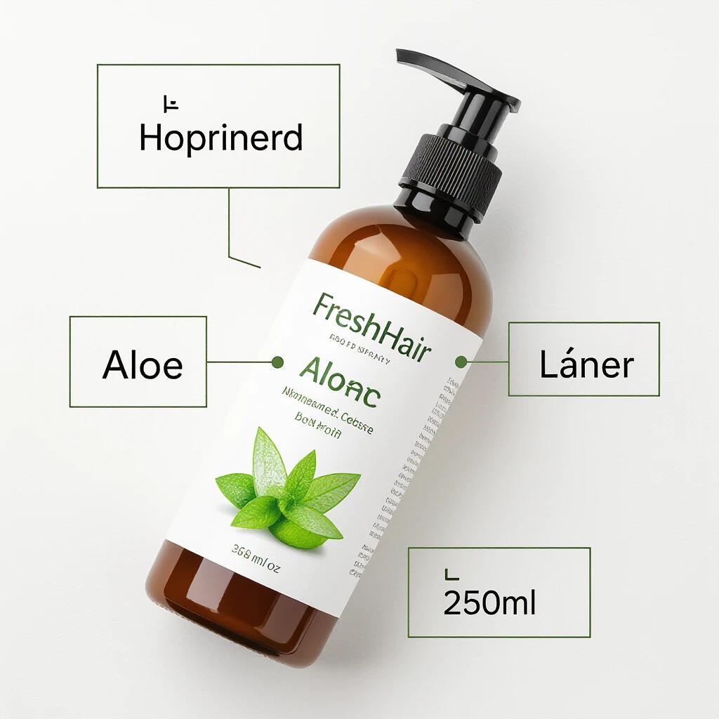 Bottle of shampoo labeled FreshHair Pro. Contains Aloe & Mint. Volume 250ml. White background for visibility. Details highlighted with rectangles.