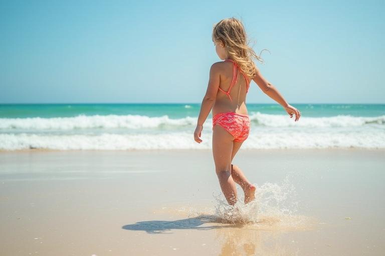 Tween girl enjoys playing on a beach. She is splashing in the water with ocean waves in the background. The sun shines brightly creating a joyful atmosphere.