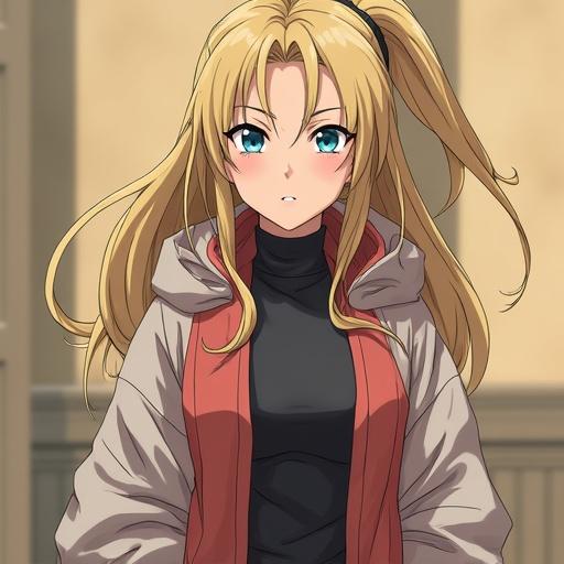 3D rendering of a female anime character with long blonde hair wearing a black top and a red and gray jacket in a neutral background.