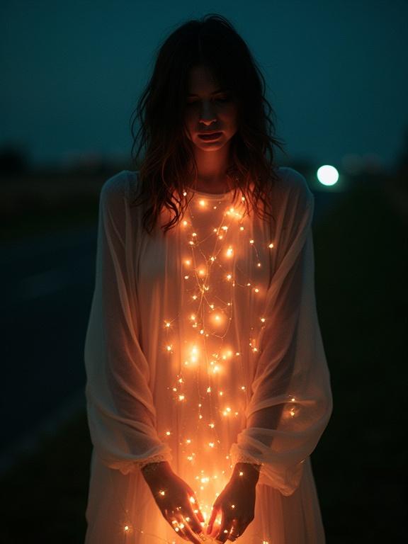 A figure standing on a dark road wearing a flowing white dress adorned with small lights. The environment is dimly lit, creating an ethereal feel. The figure has an introspective expression, enhancing the dreamlike quality of the scene.