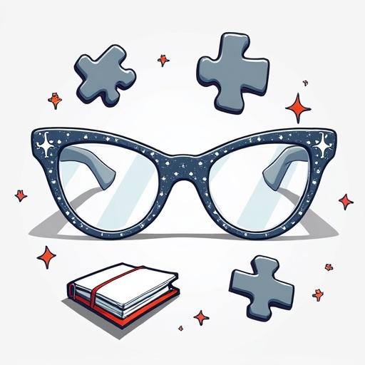 Minimal modern illustration of thin white-framed cat-eye glasses with shiny crystals. Surrounding elements include a PlayStation controller, a puzzle piece, a book, and a PowerPoint clicker. Design reflects educational and soft skills tips with a gamification twist.
