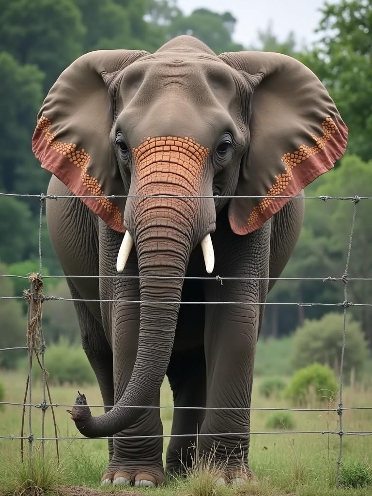 An elephant features distinct colored markings on its ears and trunk. The elephant stands behind a wire fence. The background includes a forested area. The elephant looks directly at the viewer.