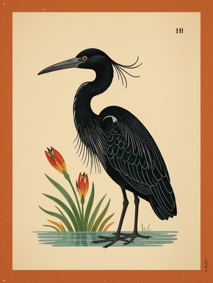 Illustration of a heron with an ibis head shown in profile position. The bird is solid black with a distinctive head shape and surrounded by stylized flowers on the side. The background features warm colors