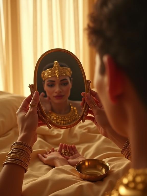 Image from the perspective of Cleopatra. Hands resting on golden silk sheets. Gold rings and bangles adorn hands. A servant kneels, placing a bowl in palm. Another holds a copper mirror reflecting a face with a cobra crown. Warm sunlight through sheer curtains. Incense smoke in the air. Immersive Egyptian palace scene.