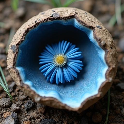 Inside a root shell, a vibrant blue flower is nestled. The shell has an earthy texture, contrasting with the flower's bright hue.