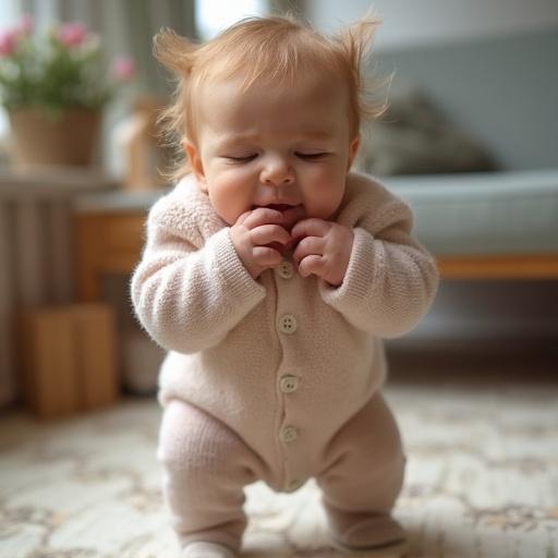 A child smiling and playing in a soft outfit inside a cozy room. The child sits on a light-colored rug with a joyful expression.
