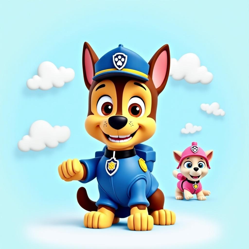 The image features Chase, a colorful and cheerful dog character from the popular children's show, Paw Patrol. He is dressed in his distinctive police uniform and has an enthusiastic expression. Beside him, there is a smaller canine character in a pink outfit, reinforcing the playful theme. The background is filled with fluffy white clouds against a soft pastel blue sky, contributing to a joyful scene. This vibrant composition is specifically designed to attract children's attention and engage young audiences.