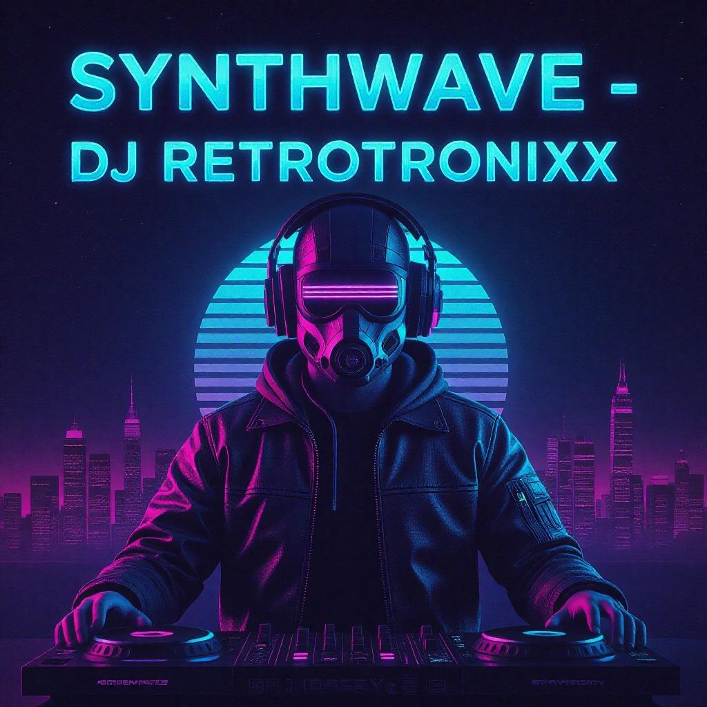 Artistic album cover featuring a DJ in a mask and neon aesthetic. Text says: Synthwave - DJ Retrotronixx.