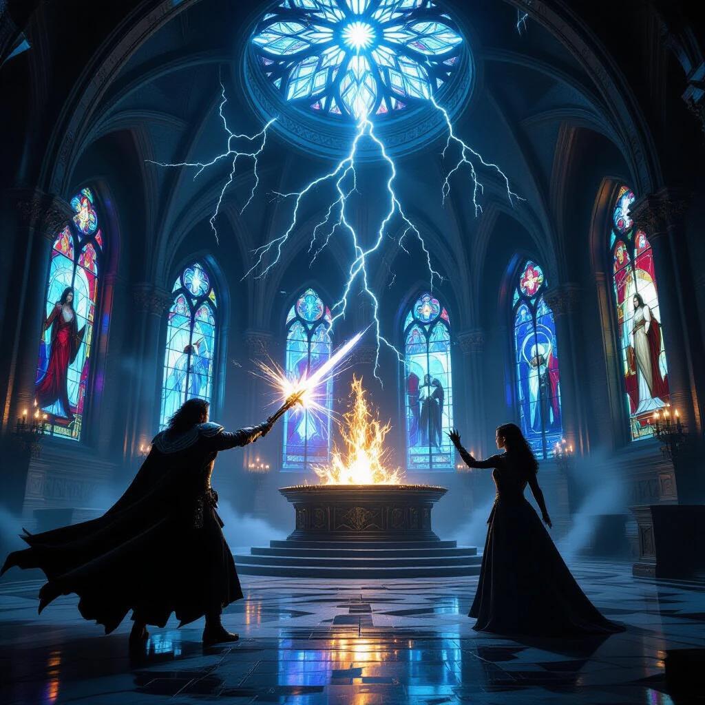 Gabriel Del Toro faces spectral guardians in a vast underground sanctum. Fractured stained glass arches tower above. He wields a radiant crossblade. Dr. Lena Voss chants near a glowing ancient altar. Lightning arcs across the chamber. Ghostly weapons hover and clash in mid-air.