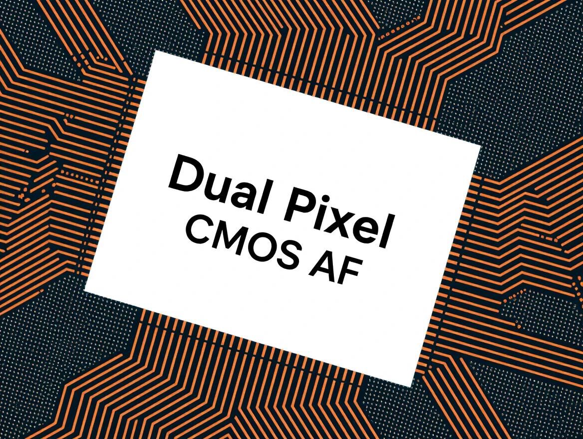Close-up of a Dual Pixel CMOS AF sensor on a green circuit board. The sensor chip is centrally positioned among other electronic components. The intricate design of the circuit board is visible. The image captures the technology-focused atmosphere.
