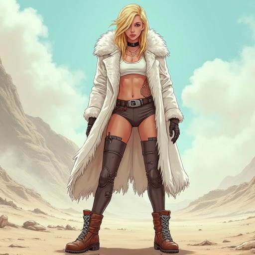 Mystical blonde female character in white attire. Character stands confidently, wearing a white fur coat, a crop top, and brown boots. Desolate background suggests a post-apocalyptic setting. Artistic style inspired by Borderlands games.