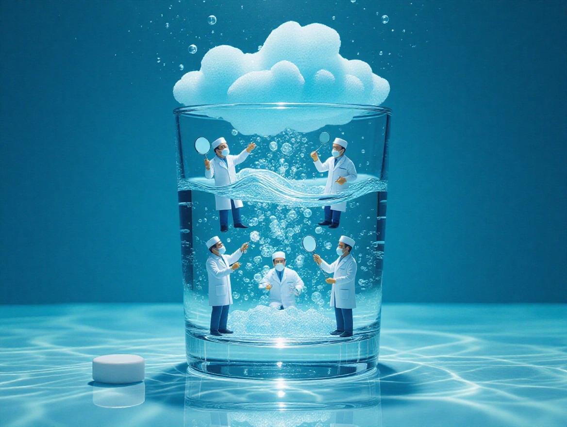 Crystal-clear glass of water contains a partial denture at the bottom. A Denttach Clean tablet dissolves beside it. Peppermint-blue fizz erupts underwater with sparkling cloud. Five miniature dentists in white lab coats work underwater, using a polisher, suction hose, and inspecting the denture.