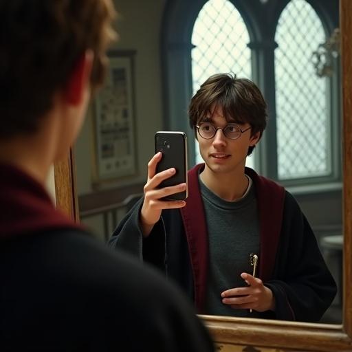 Harry Potter takes a bathroom mirror selfie. Hogwarts bathroom setting. He holds an iphone in one hand. Full body mirror reflects him. Wizard attire visible.
