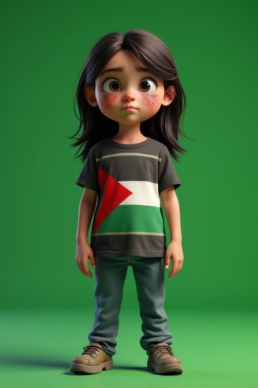 3D animation featuring a young girl in a Palestinian flag shirt. She has a solemn expression with scars and soot marks. The setting is a plain green background. Full-body shot emphasizing emotion in a serious tone. Realistic or semi-realistic style.