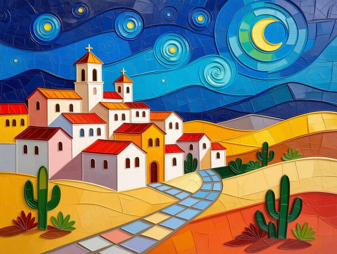 A vibrant mosaic depicting a desert town at night featuring colorful buildings and a night sky. Thick brushstrokes create three-dimensional relief.