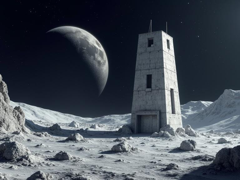Depiction of a base building on the surface of the moon. The building is a tower with a concrete texture. A large moon can be seen in the sky. The landscape is barren with scattered rocks and craters.