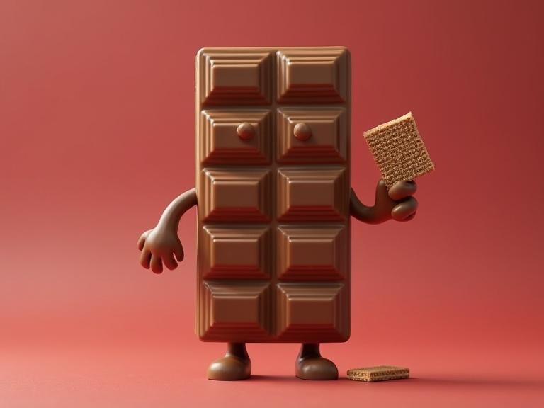Anthropomorphized KitKat chocolate bar with wafers as arms and legs. Bar holds a wafer. Background is a solid color.