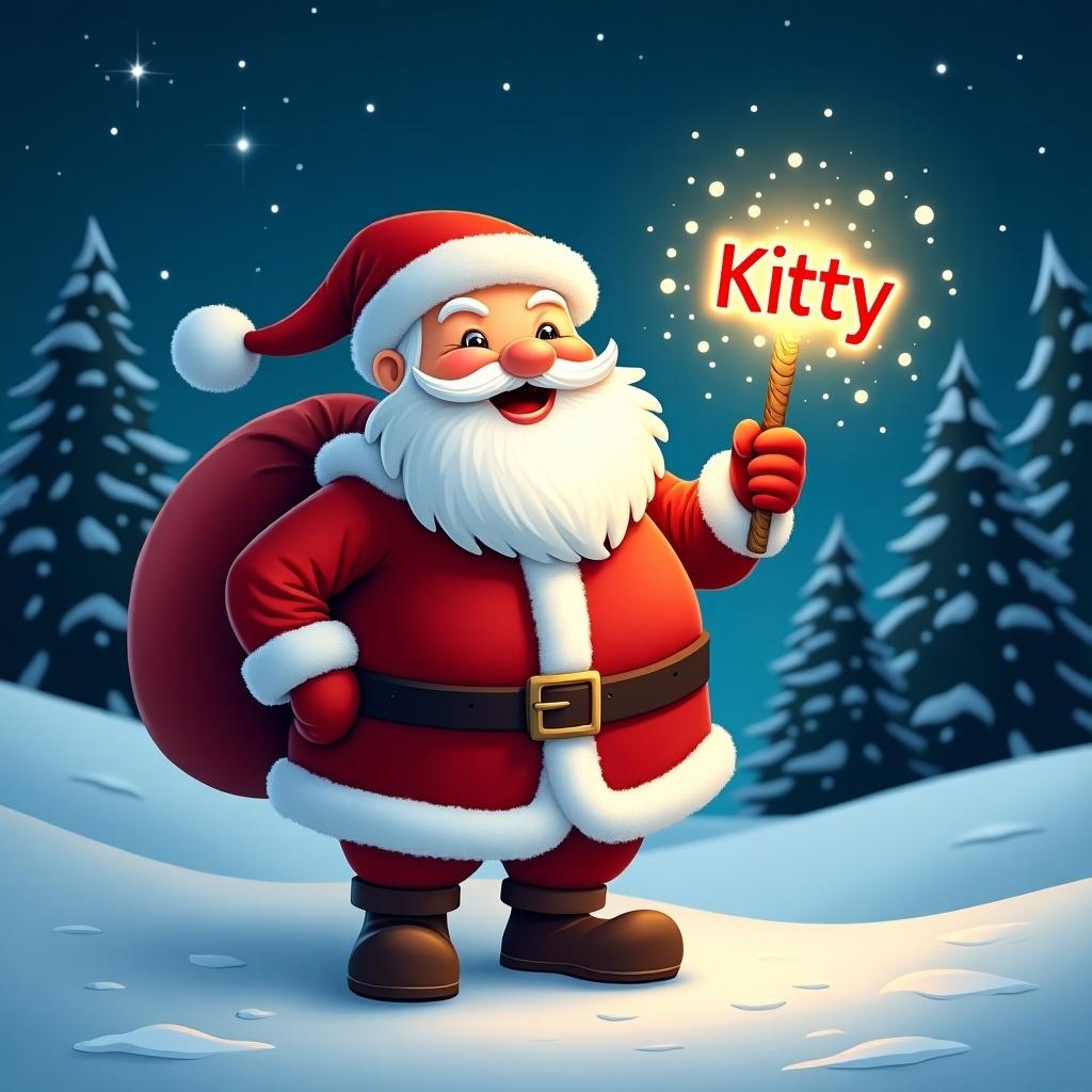 Cheerful Santa Claus in snowy landscape with red sack. Holds sparkly wand with name Kitty glowing. Night sky features stars and pine trees for festive atmosphere.