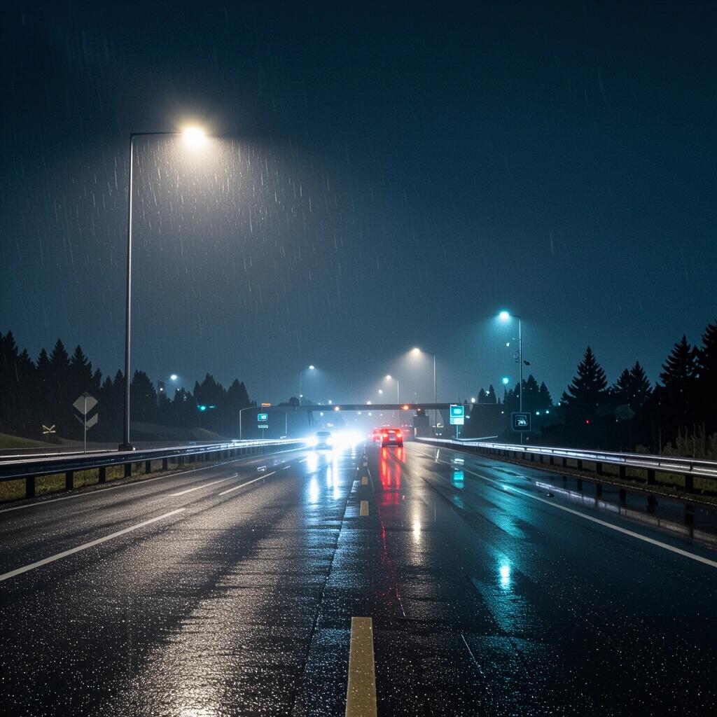 An empty highway at night captured in moody lighting. The asphalt is rain-slick and glowing under the soft yellow light of a flickering streetlight. Road stretches out into the distance under dark skies.