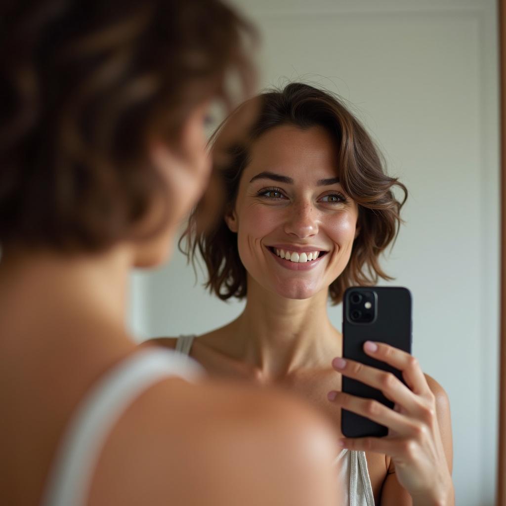 A 35 year old woman with short brown hair takes a selfie in the mirror. She holds her phone while looking at its screen. Soft natural light illuminates the scene. The focus is on the act of taking a selfie.