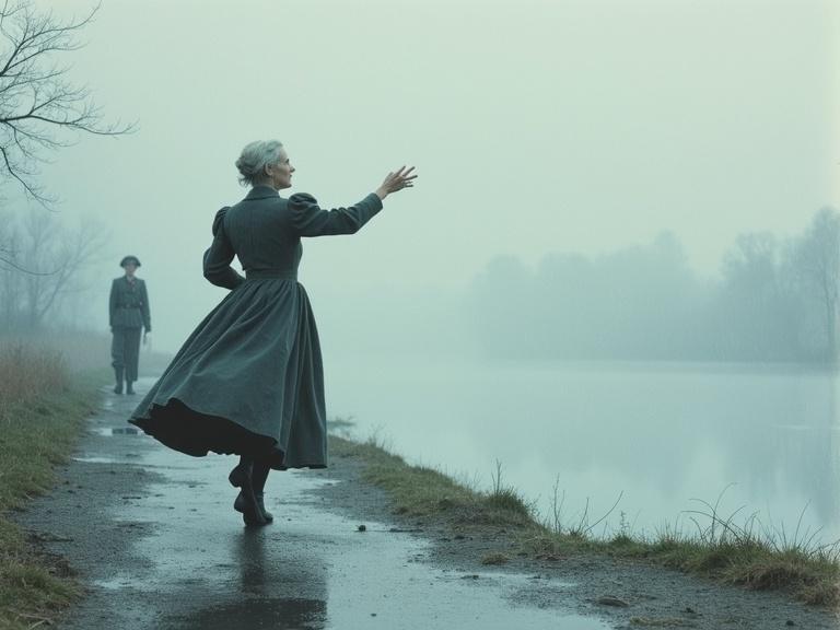 A graceful elderly woman dances alone in gentle rain on a misty German riverbank. Dressed in vintage 1940s attire with a soft palette and muted blues and grays. A distant silhouette of a German soldier and a young woman are watching. The scene feels atmospheric and nostalgic, with a subtle watercolor style.