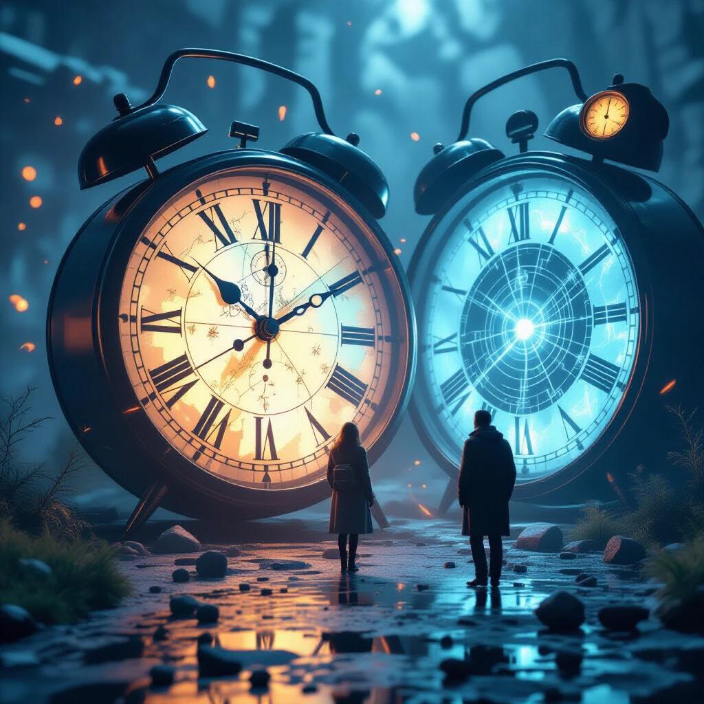 Scene depicts the consequences of a time travel experiment gone wrong. Two giant alarm clocks face each other with a glowing light. A man and a woman stand on a dark path between them. The atmosphere is eerie with strange light effects.